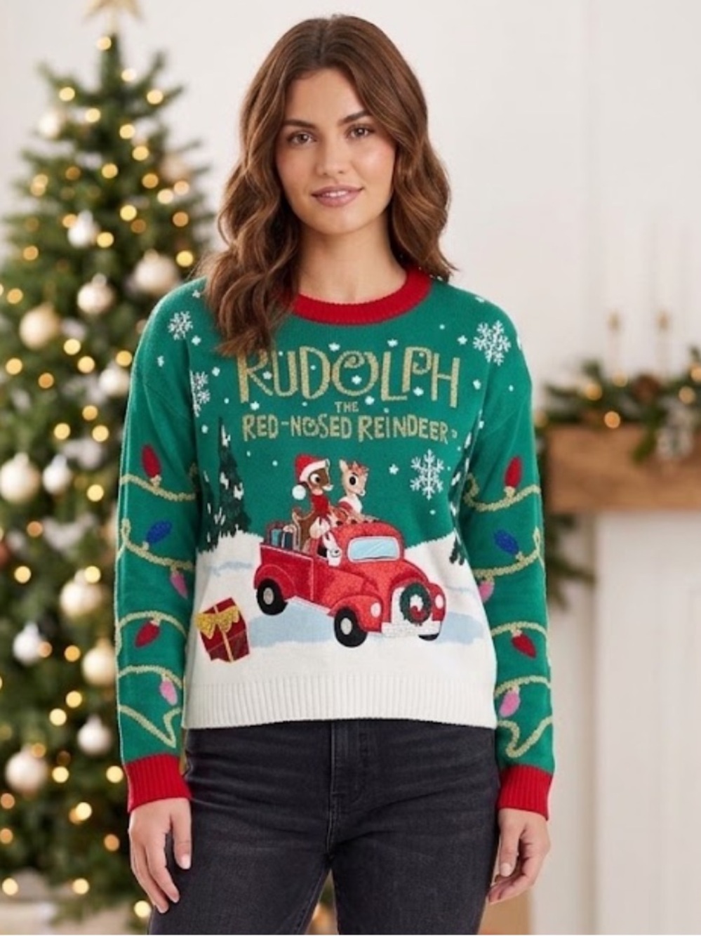 Rudolph The Red-Nosed Reindeer Green & Red Holiday Sweater XL